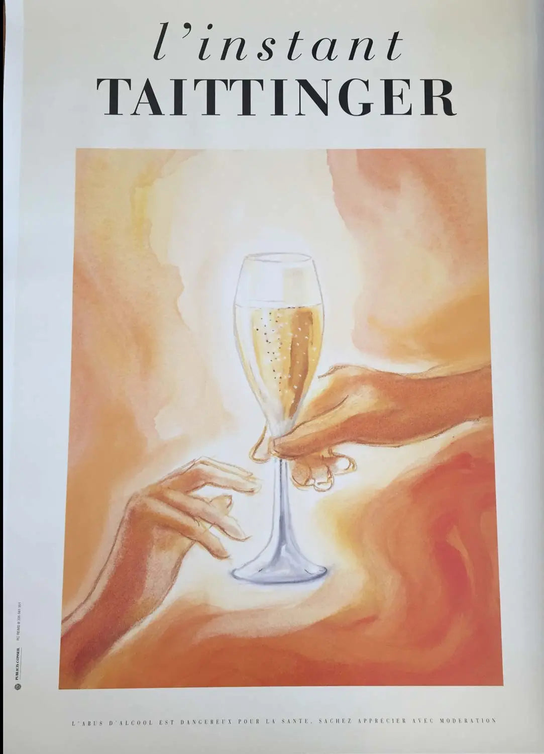 Vintage Taittinger L'Instant Champagne poster on linen, showcasing 1980 original artwork with elegant design and branding details.