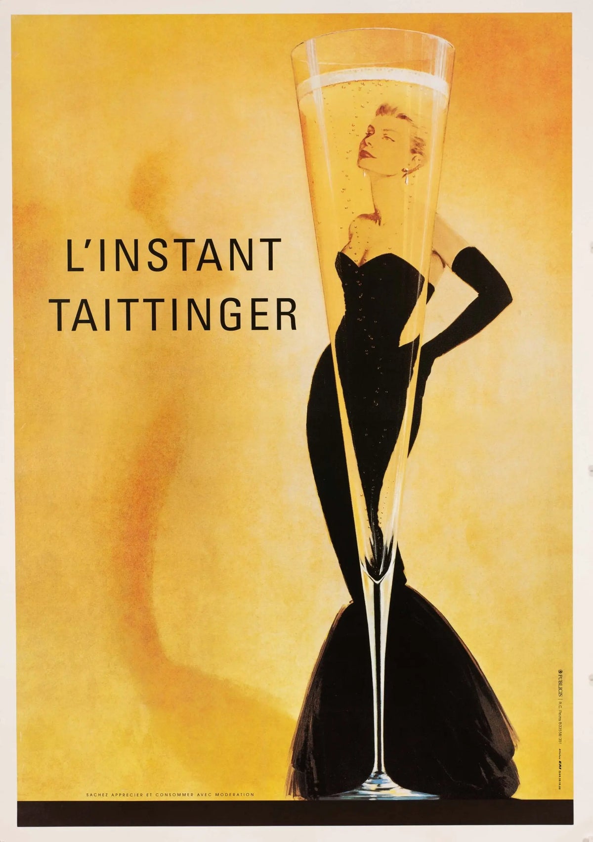 Vintage 1980 L'Instant Taittinger Champagne poster mounted on linen, featuring elegant design and brand logo.