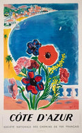 Vintage French railway travel poster for Côte d'Azur by TAL, featuring scenic coastal views and classic travel imagery.