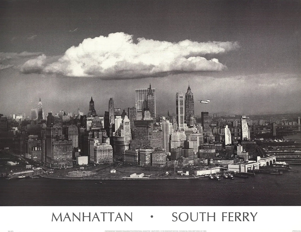 Theodore Donaldson Manhattan South Ferry 1994 offset lithograph art print, featuring cityscape and ferry scene in vibrant colors.