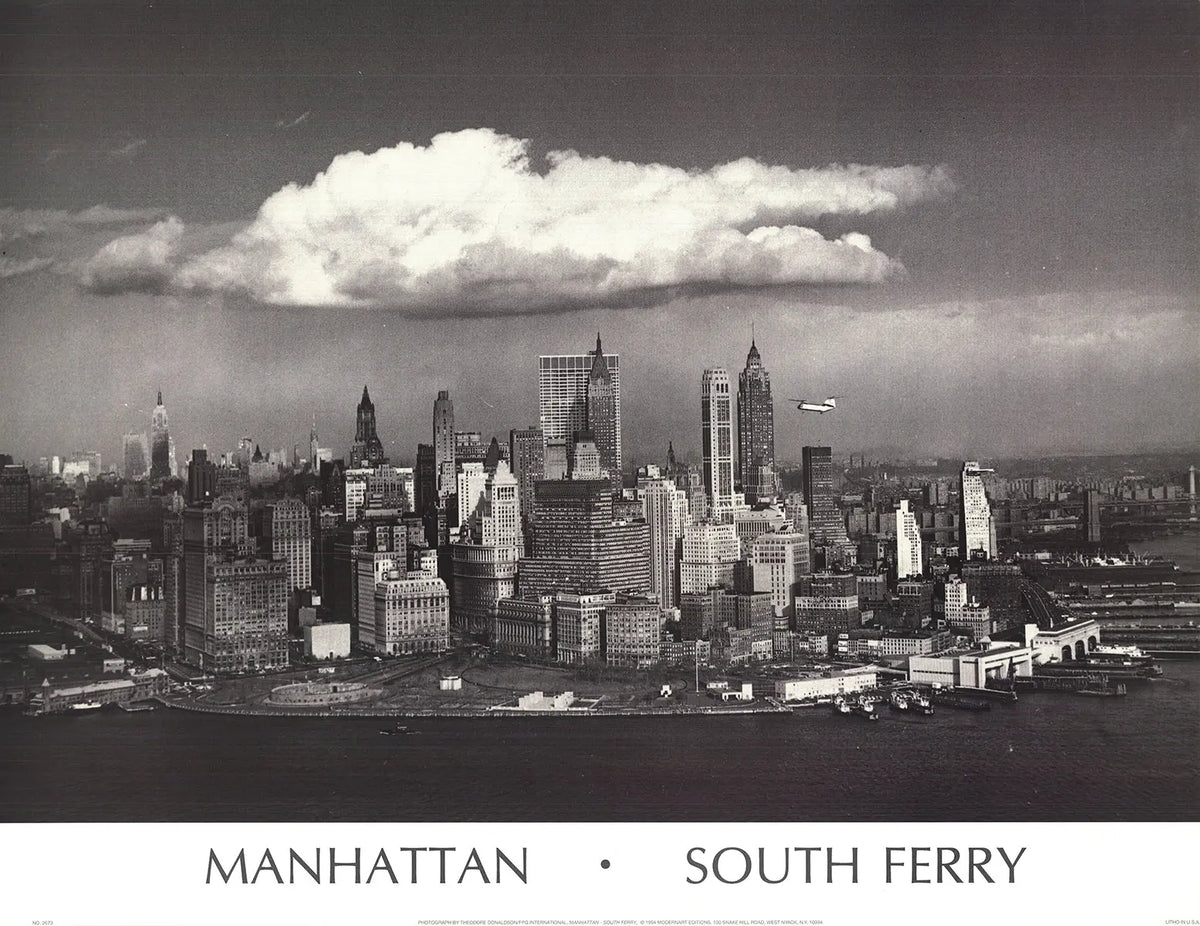 Theodore Donaldson Manhattan South Ferry 1994 offset lithograph art print, featuring cityscape and ferry scene in vibrant colors.