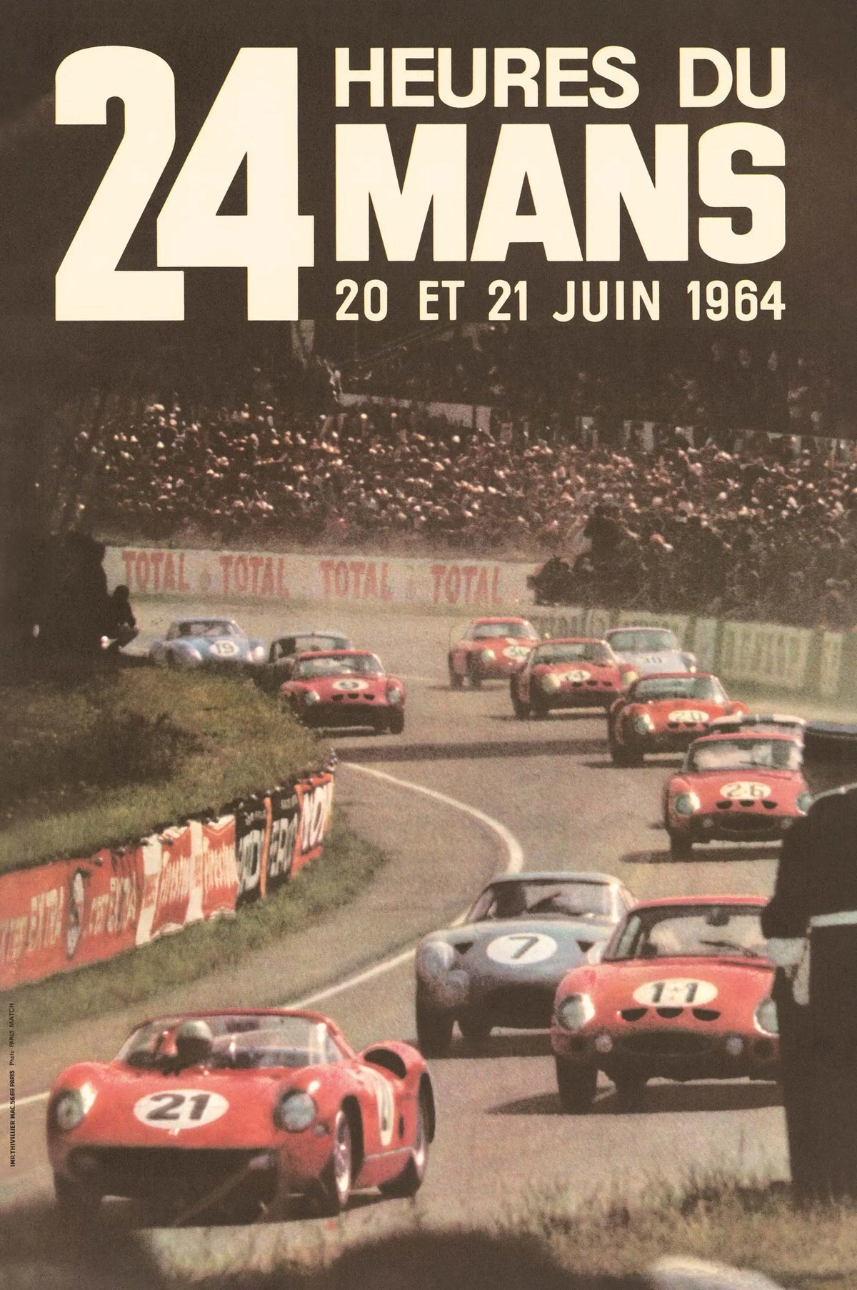 Vintage 1964 Le Mans 24 Hours poster featuring a Ferrari 250 P race car, created by Thivillier.