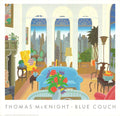 Thomas McKnight vintage offset lithograph art print of a blue couch from 1985, showcasing colorful, artistic home furniture imagery.