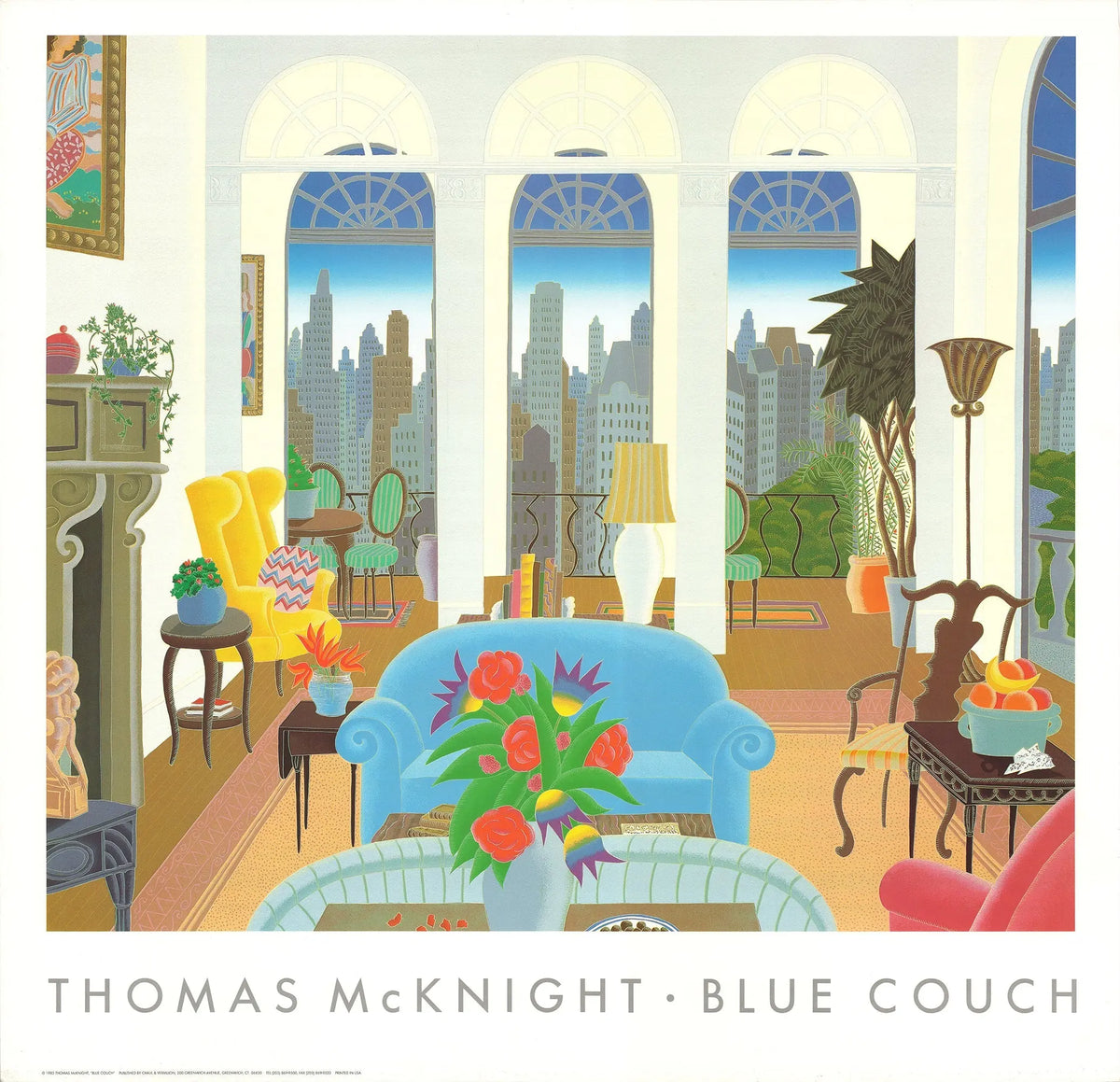 Thomas McKnight vintage offset lithograph art print of a blue couch from 1985, showcasing colorful, artistic home furniture imagery.
