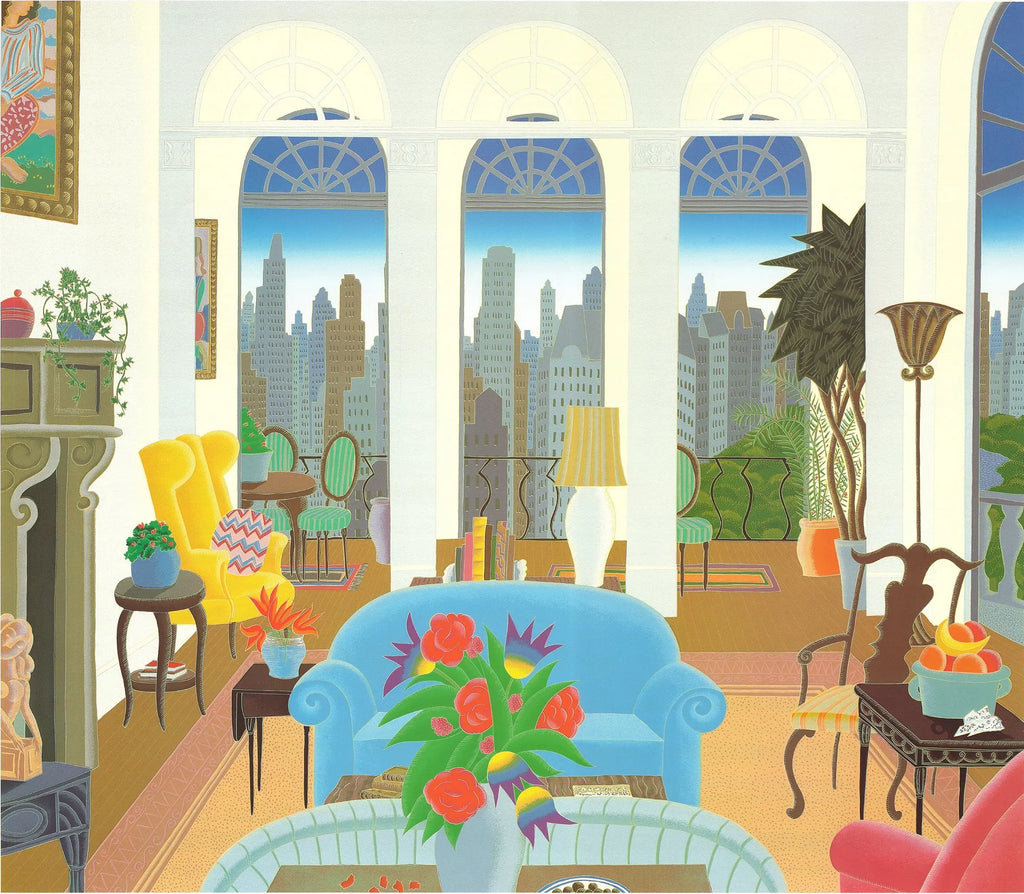 Thomas McKnight vintage art print of a blue couch, 1985 offset lithograph by Thomas McKnight, showcasing vibrant colors and detailed design.