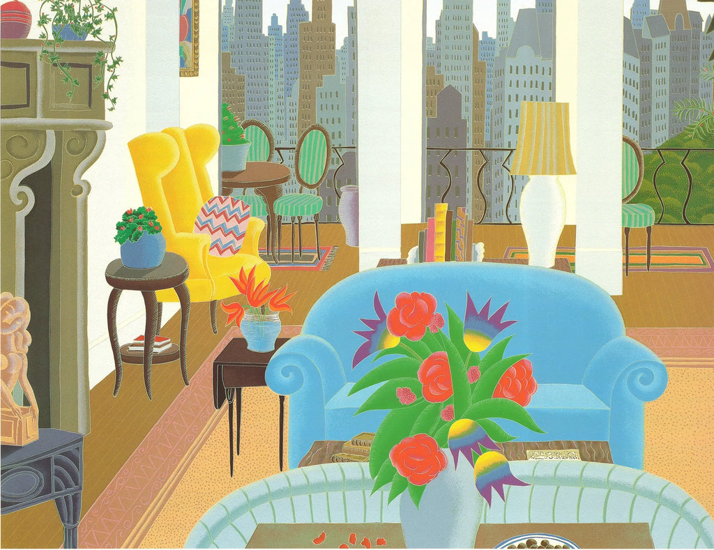 Vintage Thomas McKnight art print of a blue couch, 1985 offset lithograph by the artist, showcasing vibrant colors and detailed design.