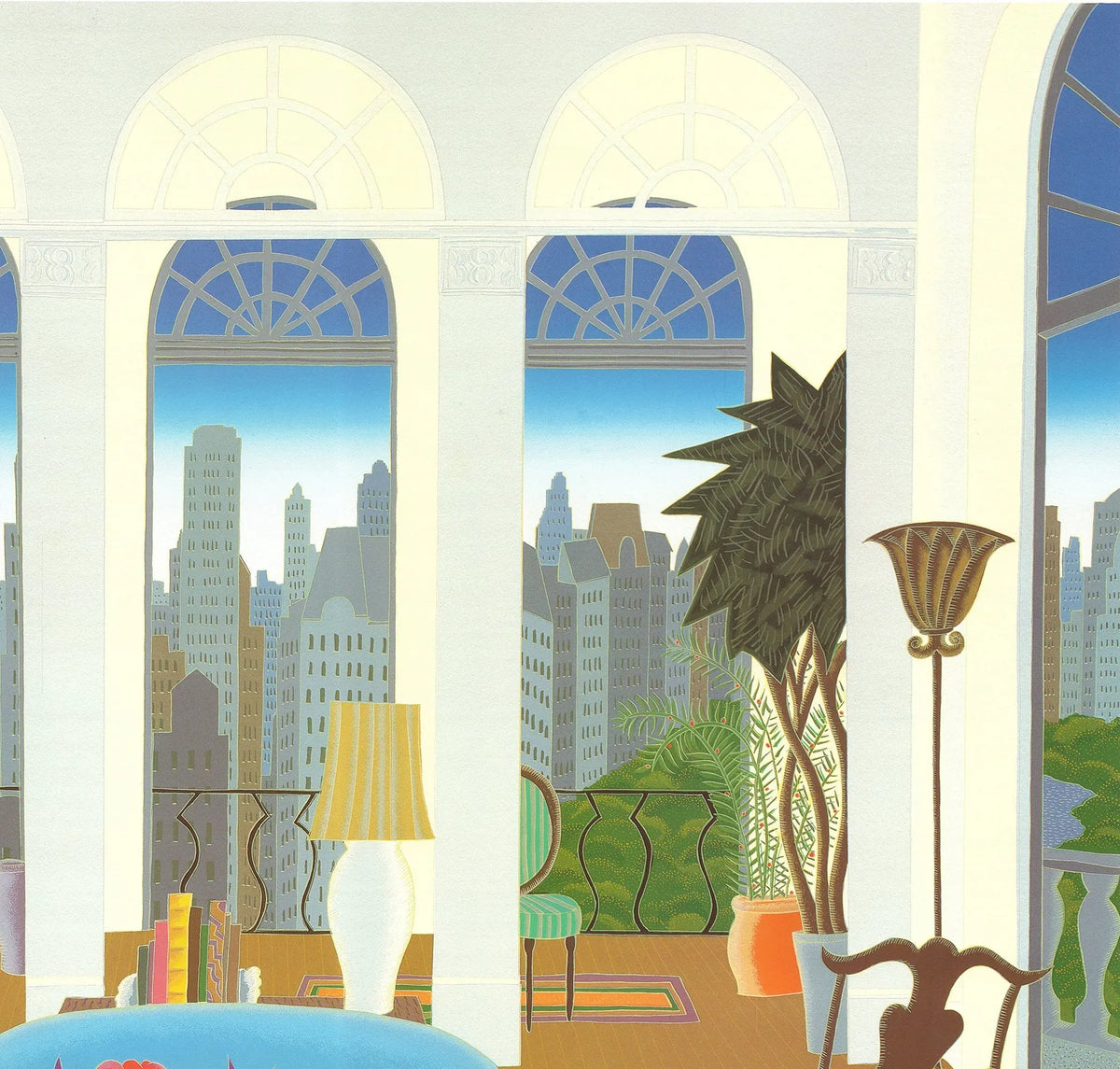 Thomas McKnight vintage offset lithograph art print of a blue couch from 1985, showcasing a colorful and detailed interior scene.