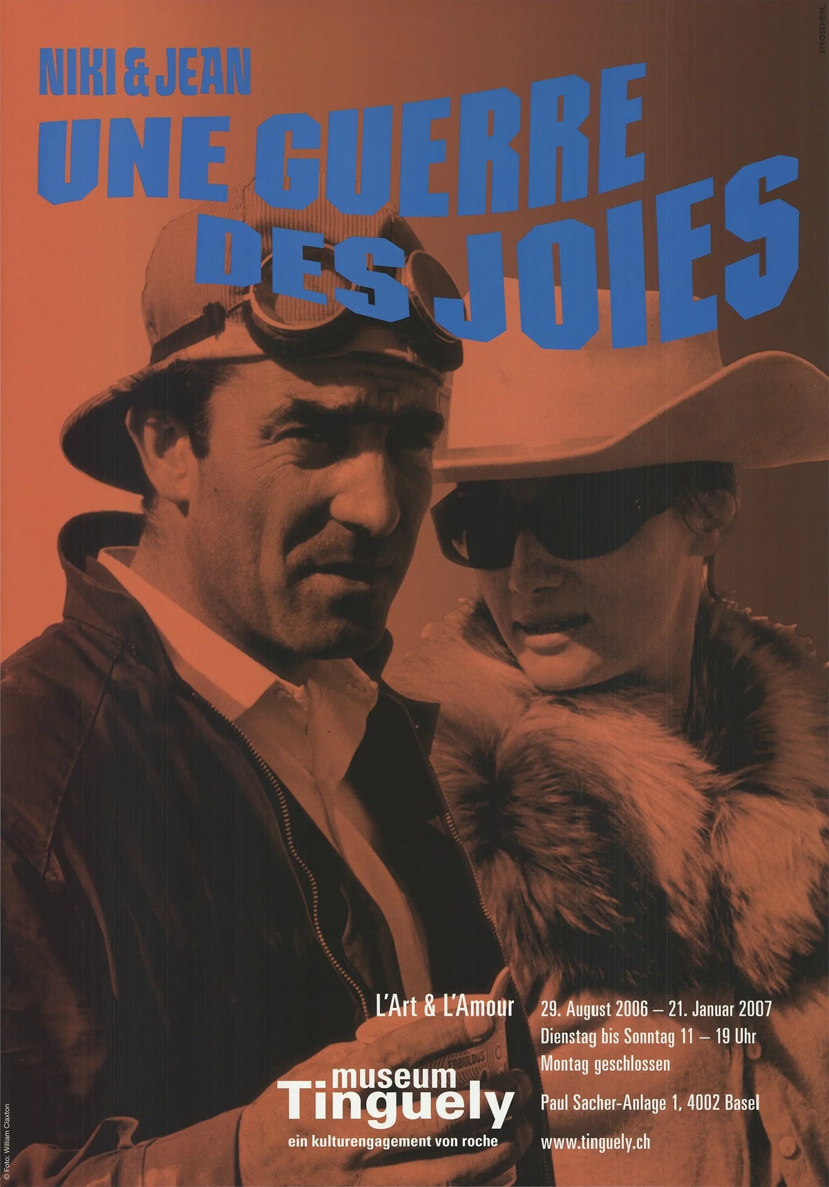 Art print poster for Tinguely & Saint Phalle's Une Guerre des Joies exhibition, featuring colorful abstract and figurative artwork.