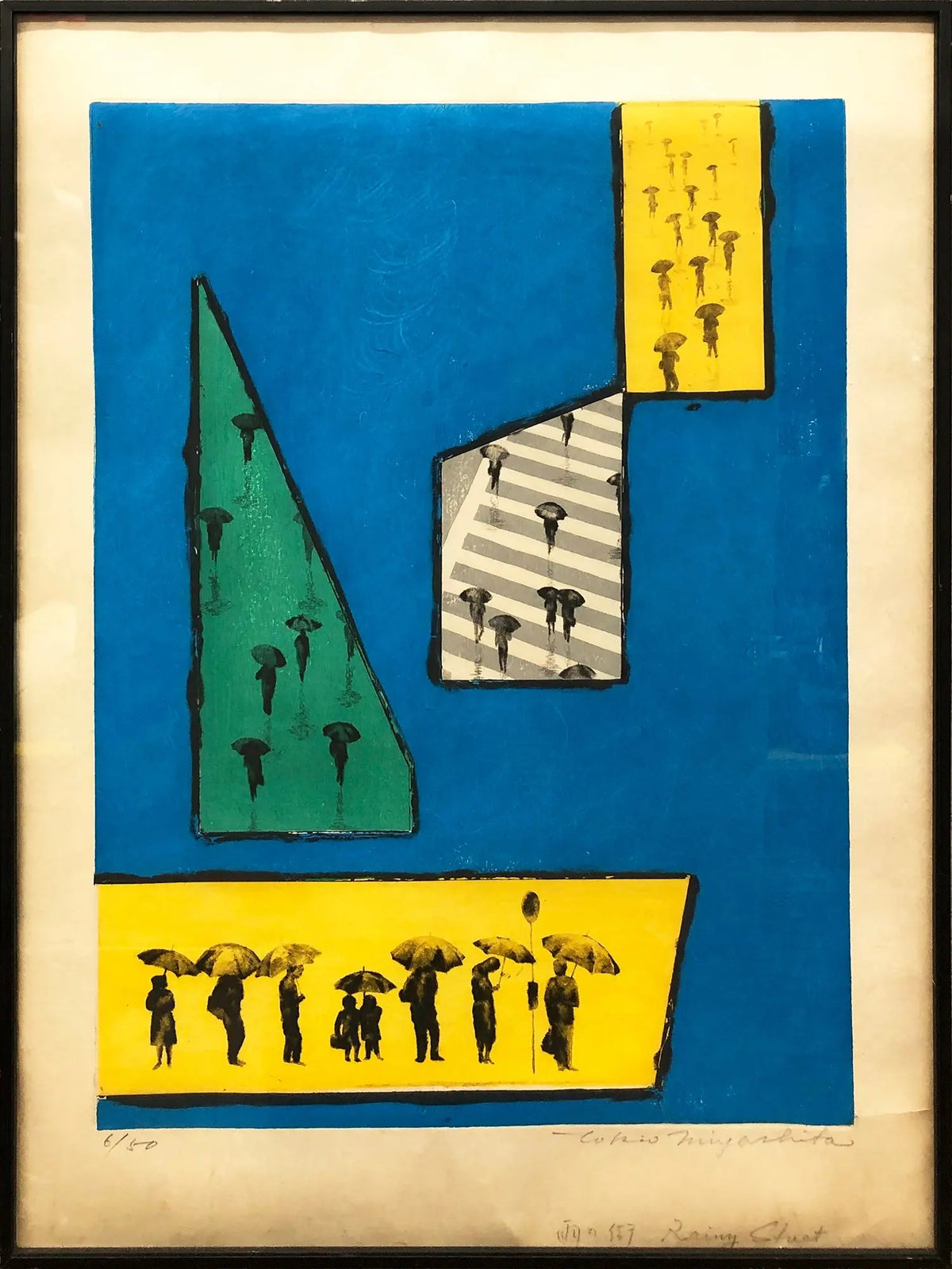 Tokio Mayashita Rainy Street 1970 signed limited edition woodblock print, showing a rainy urban street scene with vibrant colors.