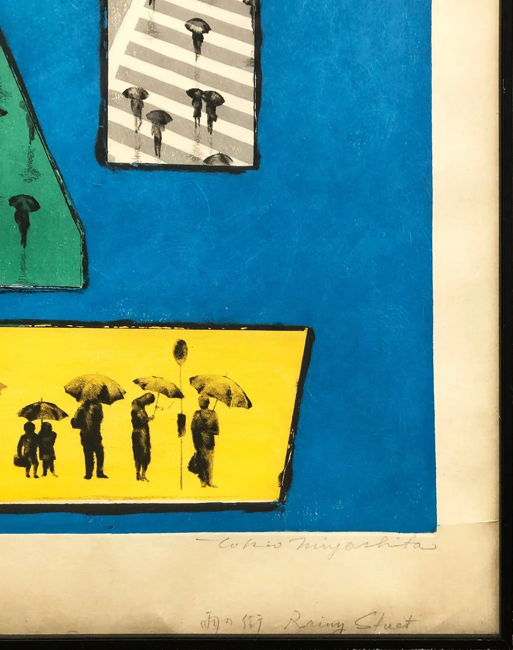 Tokio Mayashita Rainy Street 1970 signed limited edition woodblock print, showing a rainy street scene with vibrant colors.