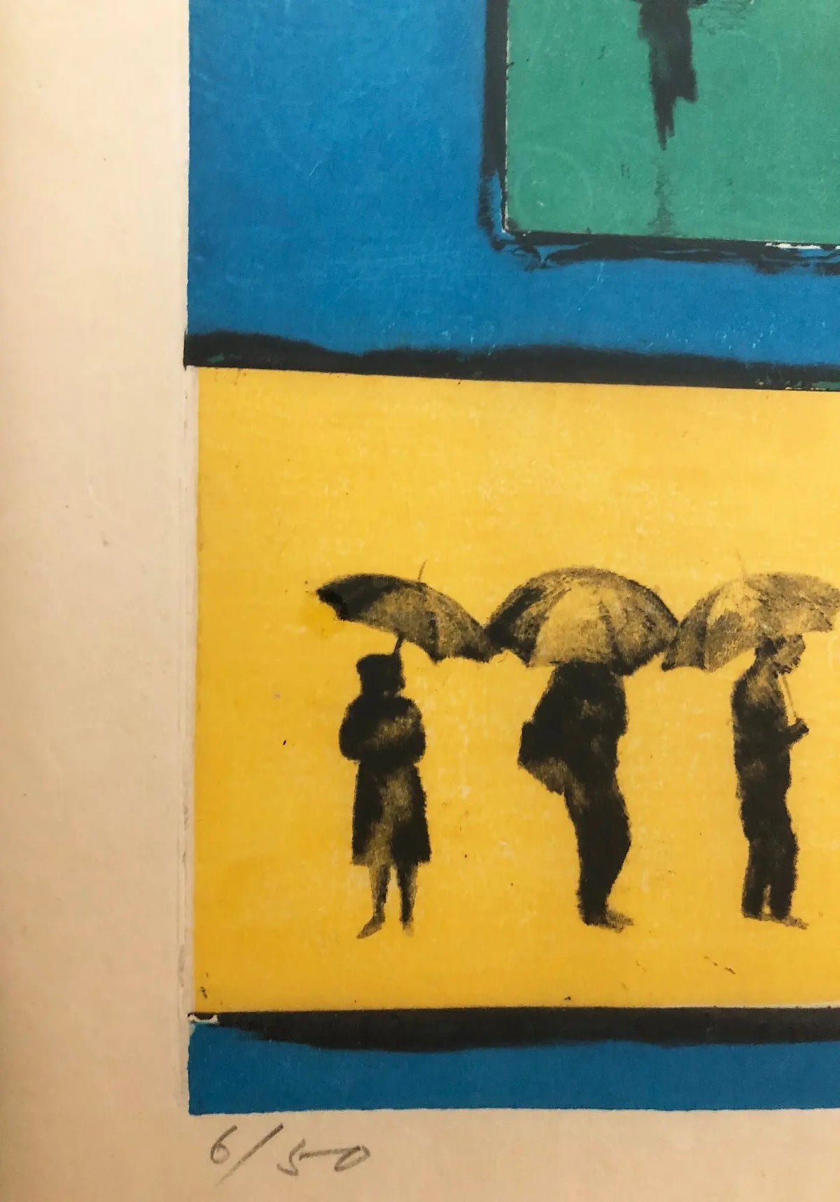 Tokio Mayashita Rainy Street 1970 signed limited edition woodblock print showing a rainy urban street scene with reflections.