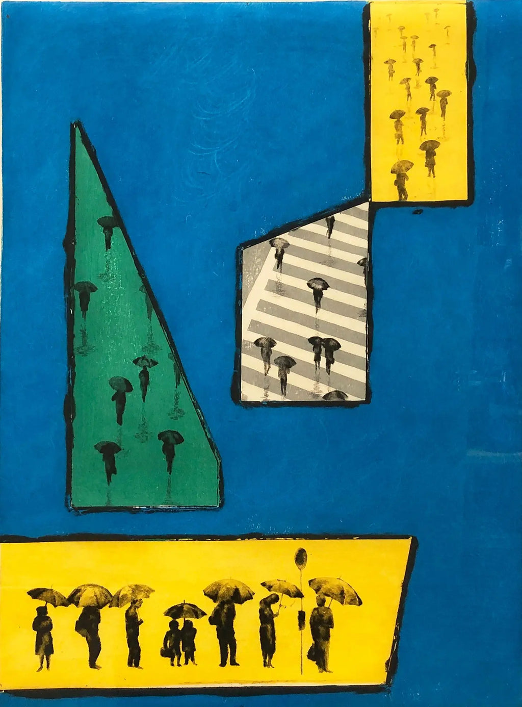 Tokio Mayashita Rainy Street 1970 signed limited edition woodblock print, featuring a vibrant street scene with rainy atmosphere.