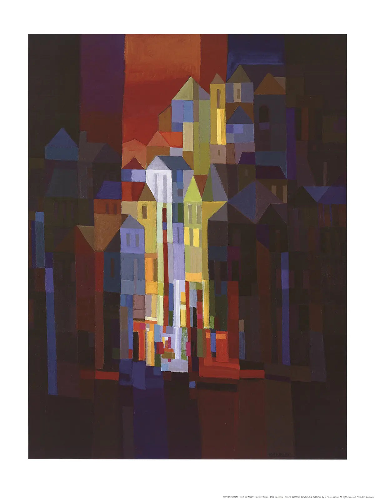 Abstract cityscape lithograph print "Town by Night" by Ton Schulten, depicting a vibrant nighttime city scene with colorful buildings.