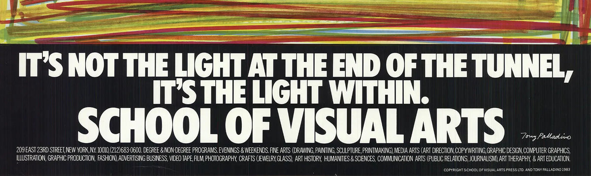 Vintage offset lithograph poster by Tony Palladino titled "Light Within" from 1983, featuring abstract artistic design.