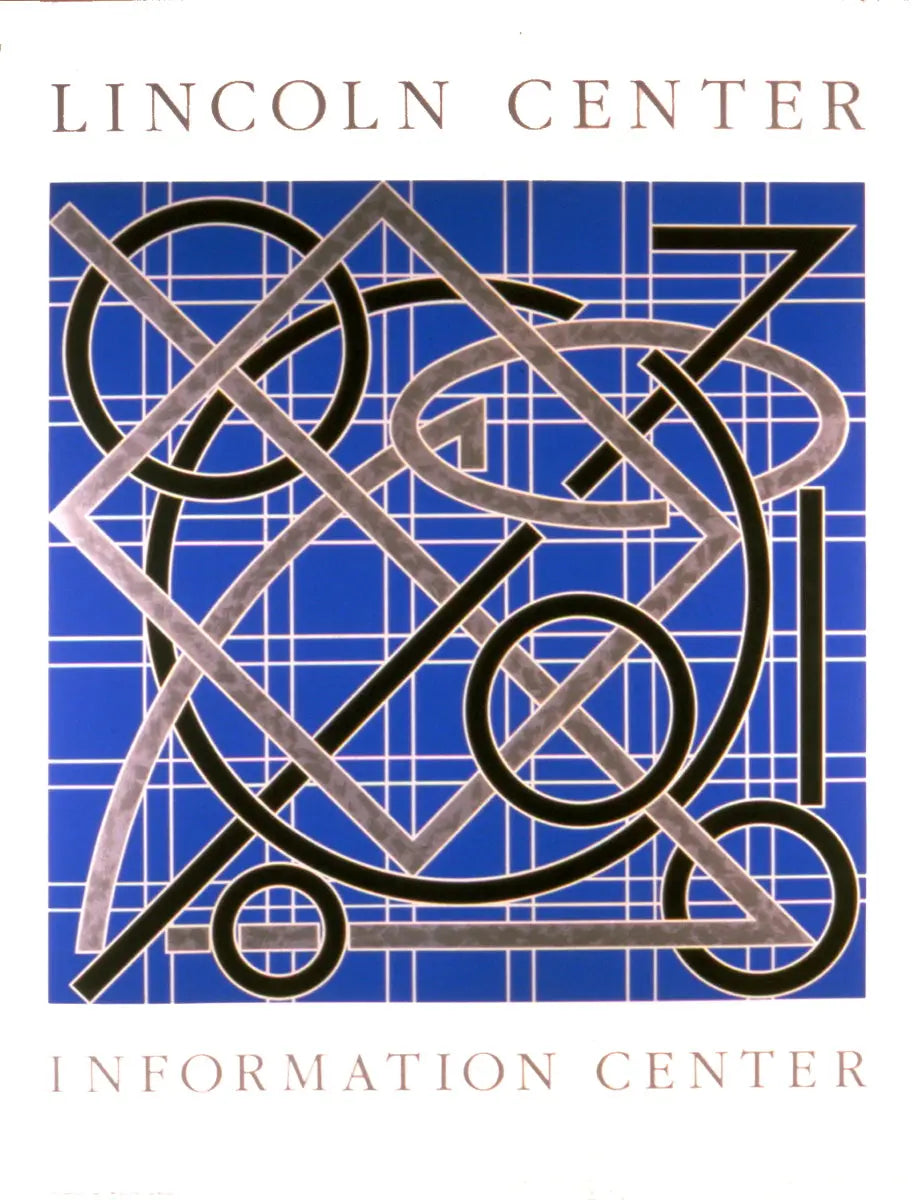 Original metallic serigraph art poster by Valerie Jaudon featuring Lincoln Center, created in 1986, displayed in vibrant colors.