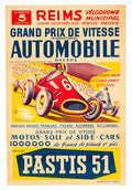 Vintage 1950 Grand Prix de Reims racing poster by Van Dam featuring classic automobile racing imagery.