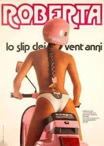 Original Vespa Roberta advertising poster from 1988 featuring artwork by Gianni Venturino, showcasing vintage Vespa scooter imagery.