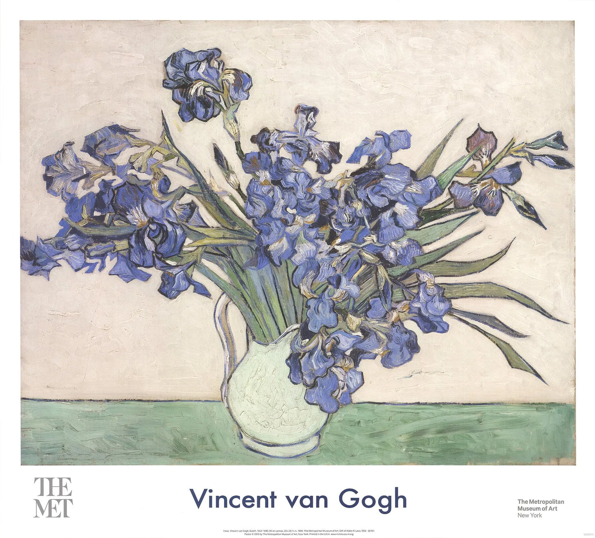 Vincent van Gogh Irises in a Vase offset lithograph poster, showcasing vibrant floral artwork on paper.