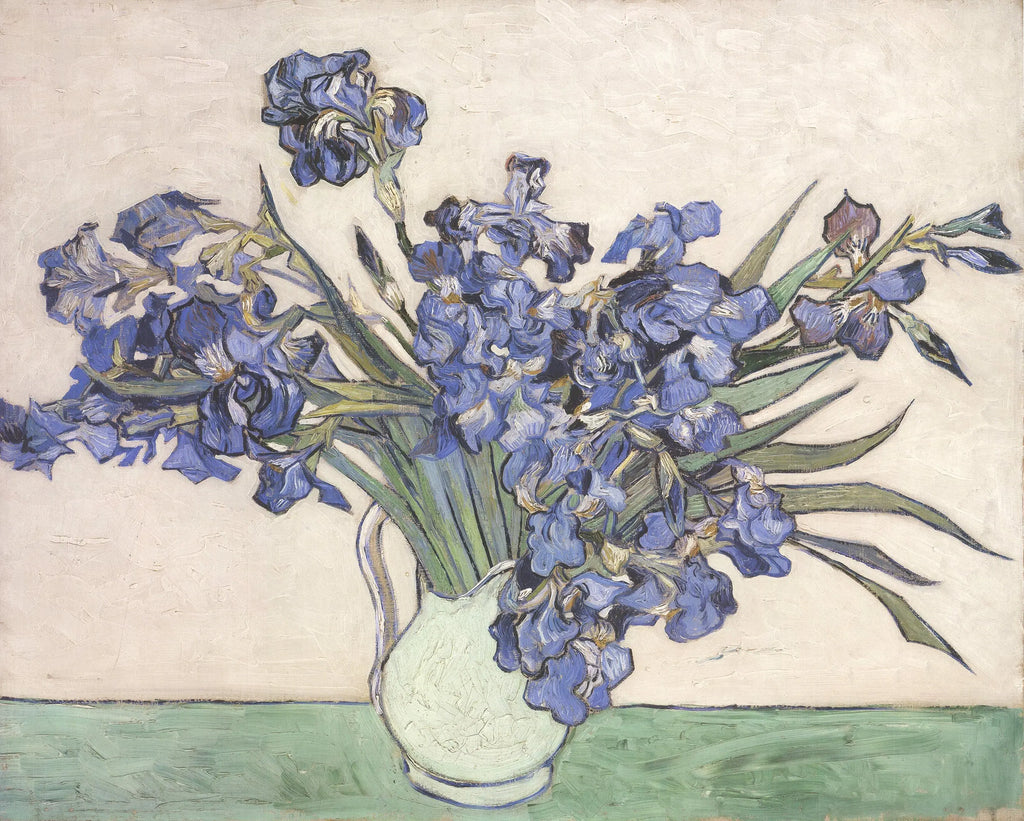 Vincent van Gogh Irises in a Vase offset lithograph poster showcasing vibrant floral artwork and vivid colors.