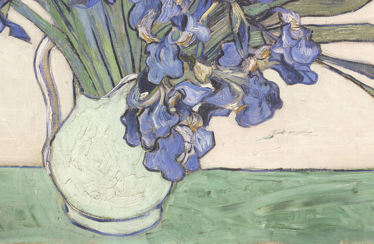 Vincent van Gogh Irises in a Vase offset lithograph poster showcasing vibrant floral artwork and signature brushstroke style.