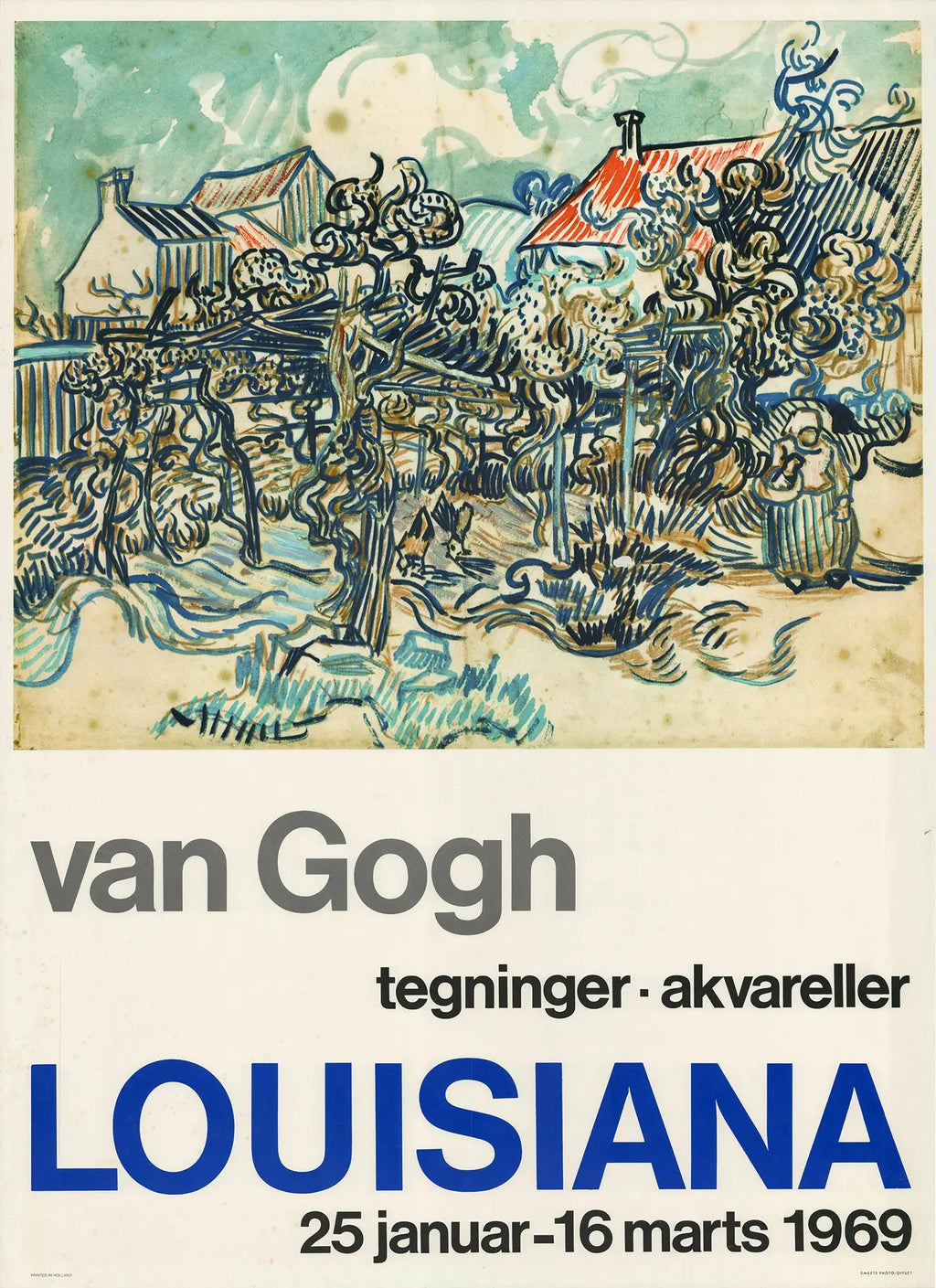 Vincent van Gogh Louisiana Orchard Near House 1969 lithograph poster showing vibrant orchard scene with a house and lush trees.