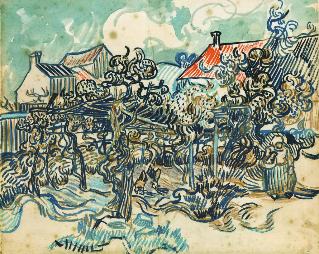 Vincent van Gogh Louisiana Orchard Near House 1969 lithograph poster depicting lush orchard scene with house and trees.
