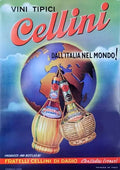 Vintage 1950 Vini Tipici Cellini Italian wine lithograph poster featuring classic wine imagery and elegant design.