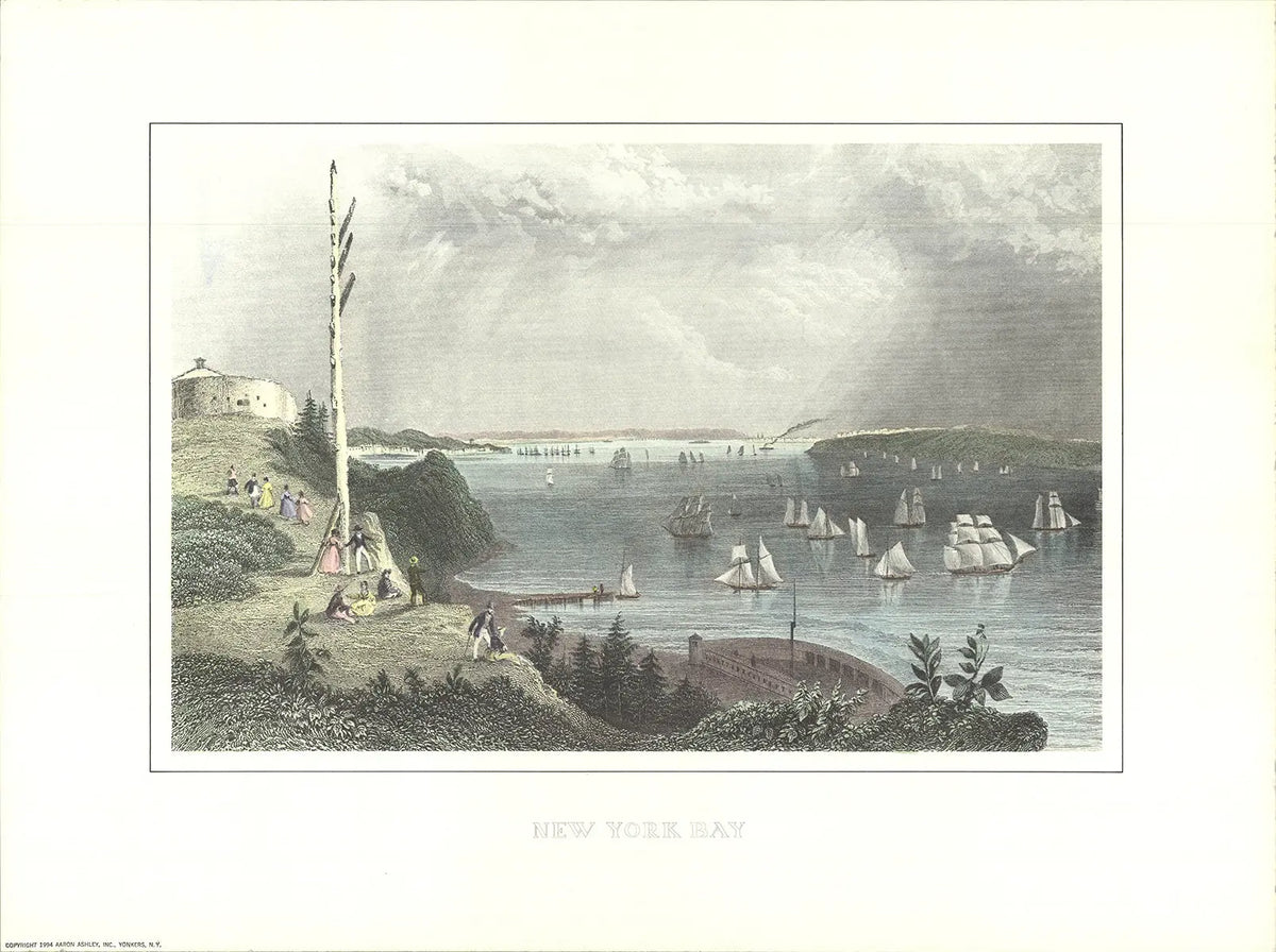 W.H. Bartlett New York Bay offset lithograph landscape art print showing a scenic view of the harbor and surrounding cityscape.