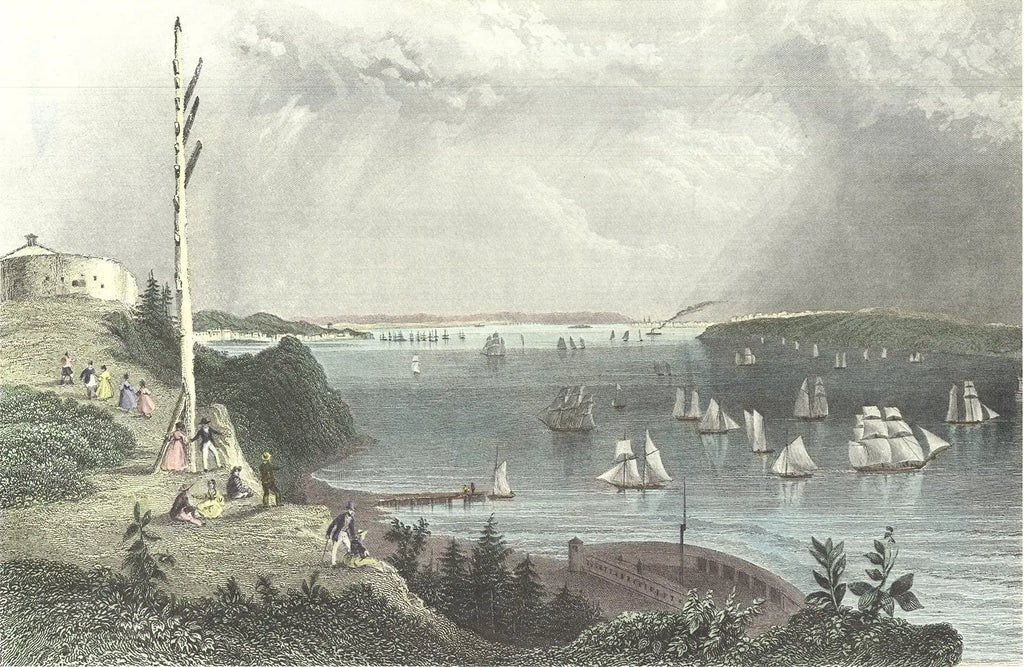 W.H. Bartlett New York Bay offset lithograph landscape art print showing a scenic harbor scene with ships and city skyline.