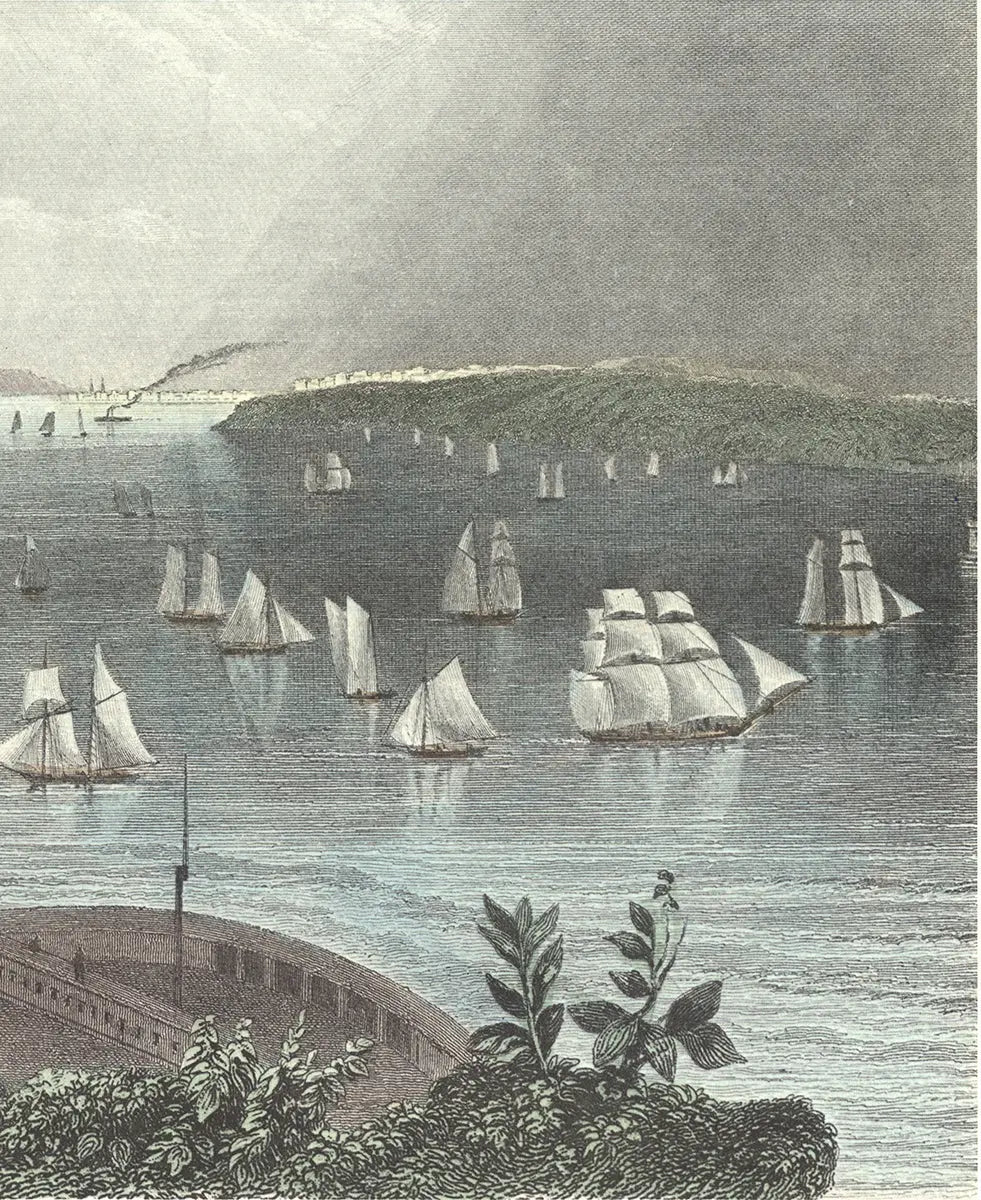 W.H. Bartlett New York Bay offset lithograph landscape art print depicting a scenic view of the harbor and surrounding coastline.