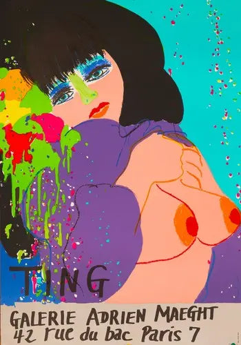 Original 1974 Walasse Ting poster in blue, featuring vibrant artwork by Walasse Ting from Galerie Adrien Maeght.