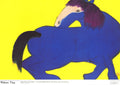 Large blue horse lithograph art poster by Walasse Ting, 1990, featuring vibrant colors and detailed artistic design.