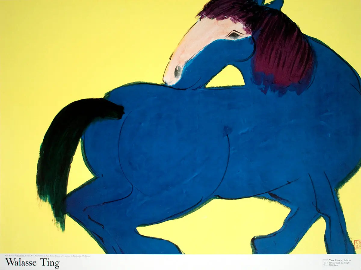 Walasse Ting Blue Horse limited edition offset lithograph art poster featuring vibrant blue horse artwork by Walasse Ting.