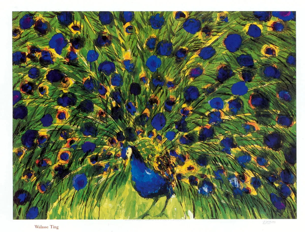 Large vintage Walasse Ting Peacock 1985 offset lithograph art poster featuring vibrant colors and intricate feather details.