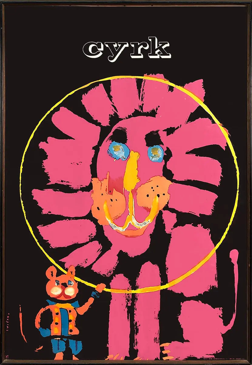 Vintage Waldemar Świerzy Lion with Mouse 1972 circus poster, vibrant artwork featuring a lion and mouse scene.