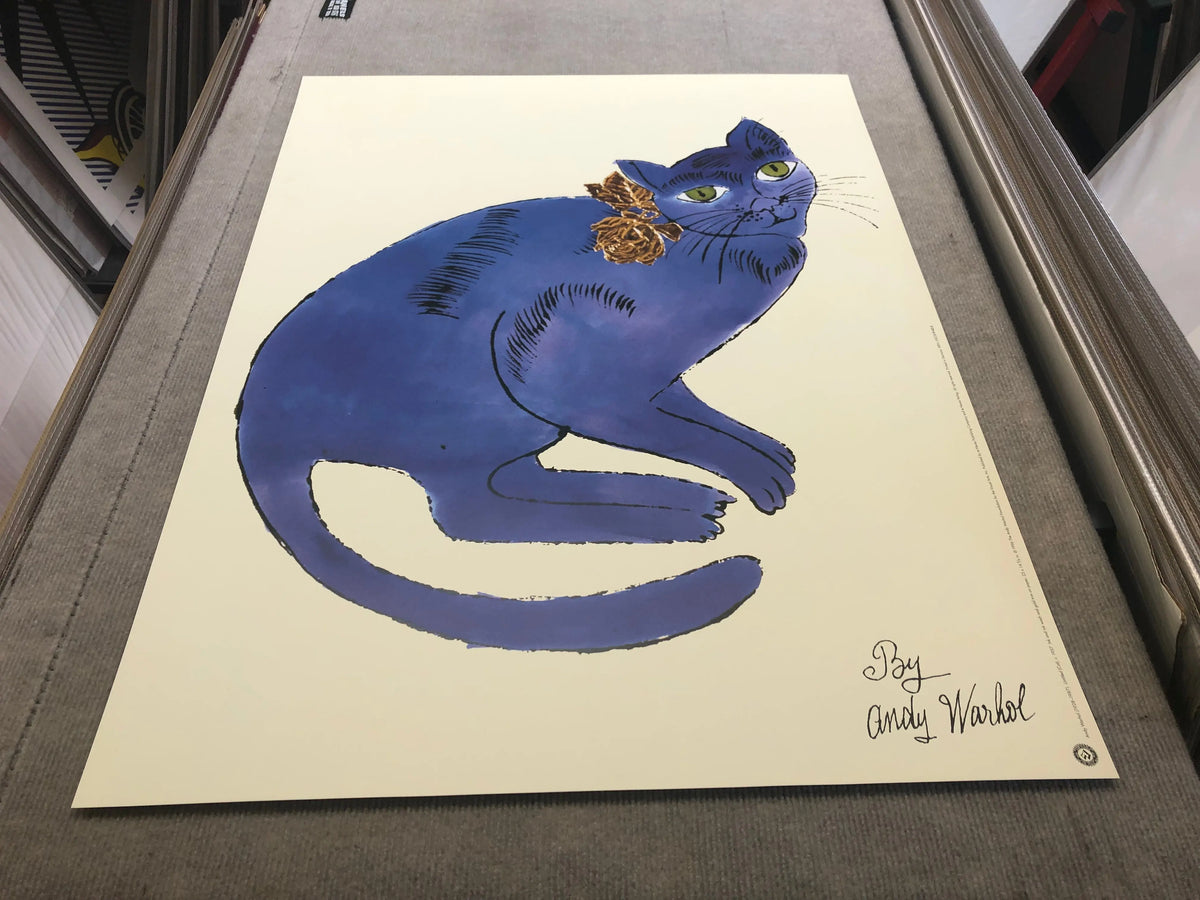 Andy Warhol Blue Cat 1996 limited edition offset lithograph poster featuring vibrant blue cat artwork by Andy Warhol.