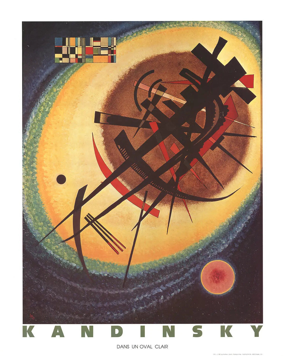 Bright oval abstract lithograph poster by Wassily Kandinsky, large 1990 offset print with vibrant colors and geometric shapes.