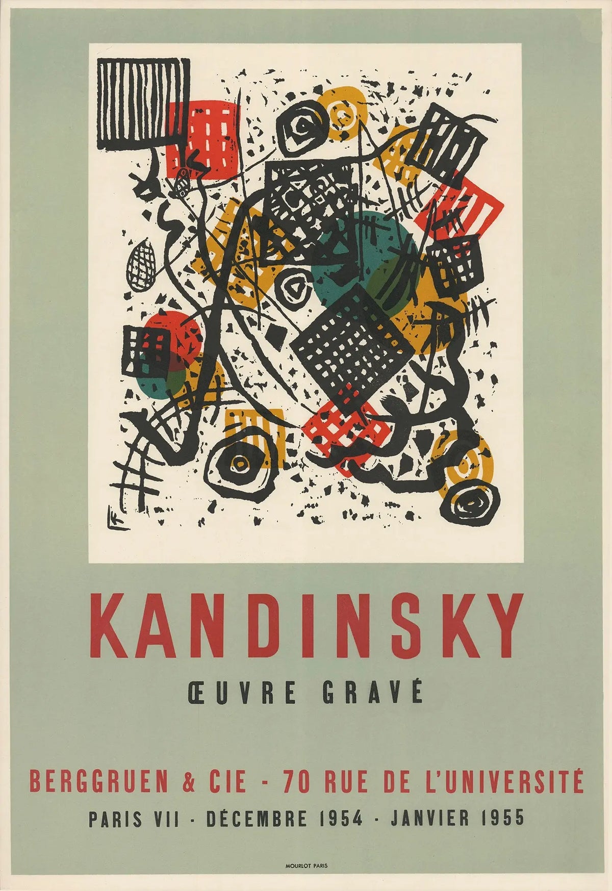 Wassily Kandinsky engraved artwork from 1954 on Mourlot lithograph exhibition poster, featuring abstract geometric designs.