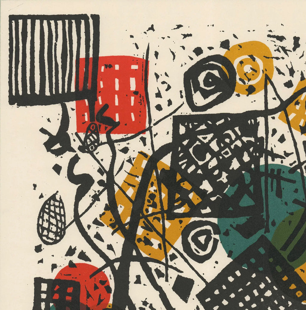 Wassily Kandinsky engraved work 1954 Mourlot lithograph exhibition poster, featuring abstract geometric designs and vibrant colors.