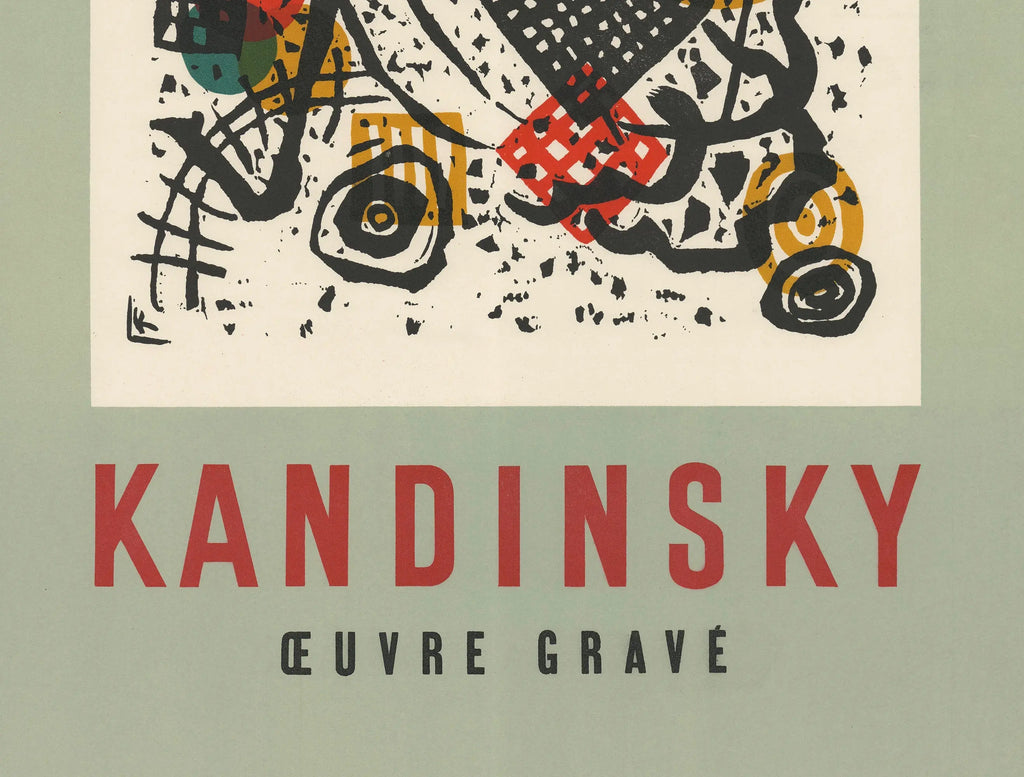 Wassily Kandinsky engraved work 1954 Mourlot lithograph exhibition poster featuring abstract artwork and bold lines.