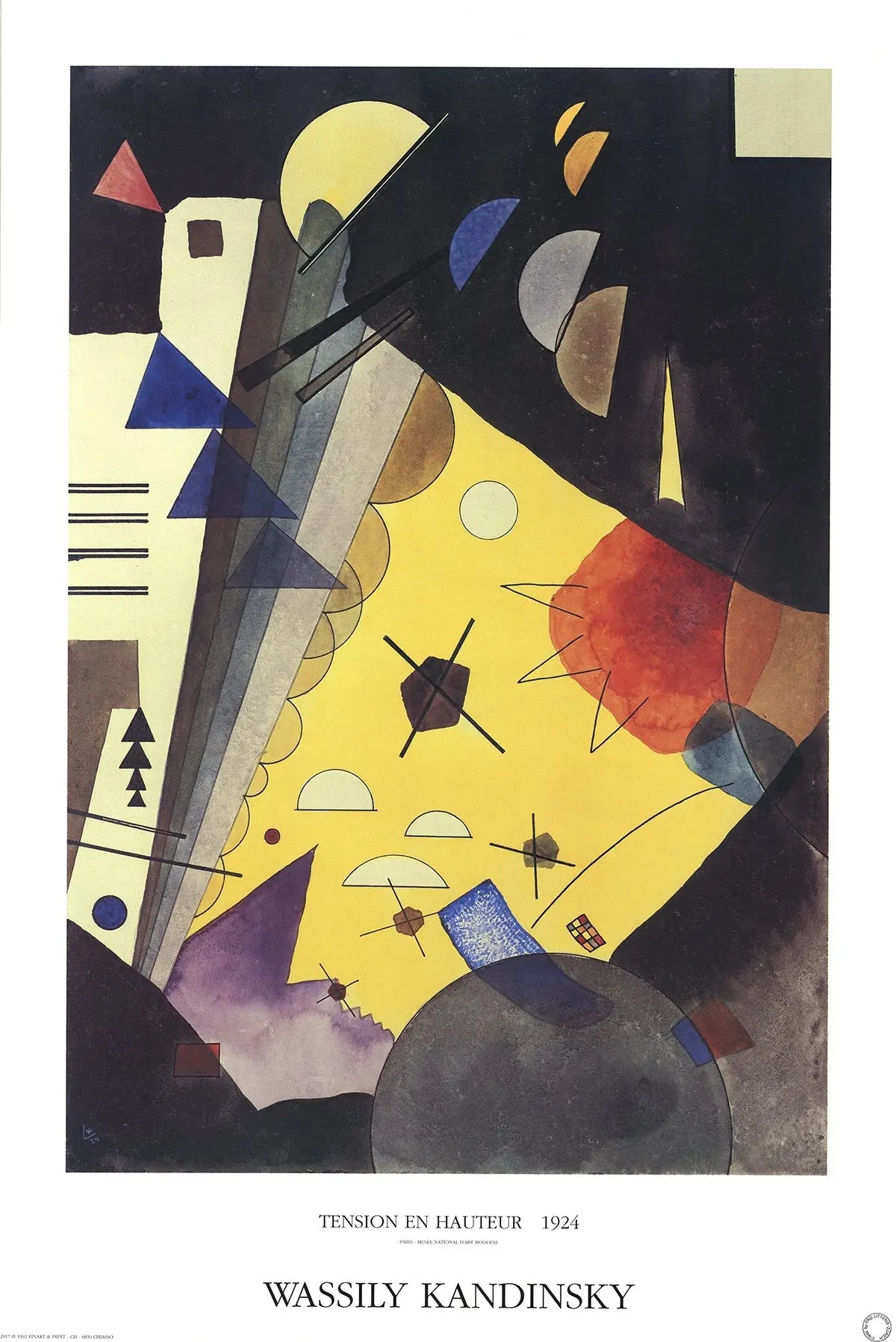 Abstract offset lithograph art poster by Wassily Kandinsky titled "Tension in Height," featuring vibrant geometric shapes and bold colors.