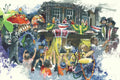 Vintage Wayland Moore Parade Scene circus serigraph art print from 1977 showcasing vibrant parade characters and colorful circus imagery.