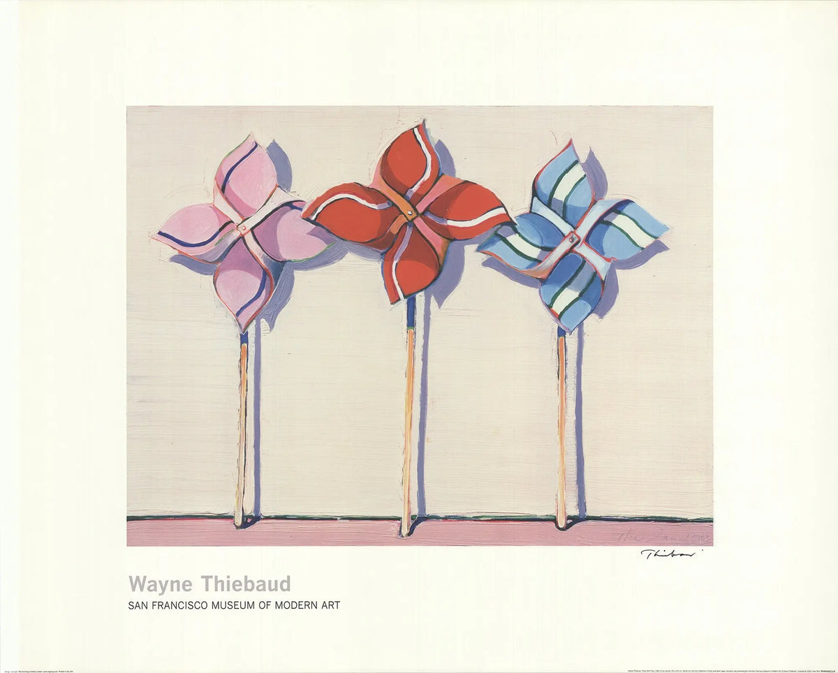 Wayne Thiebaud Three Wind Toys signed offset lithograph art poster featuring colorful toy illustrations and bold signature.
