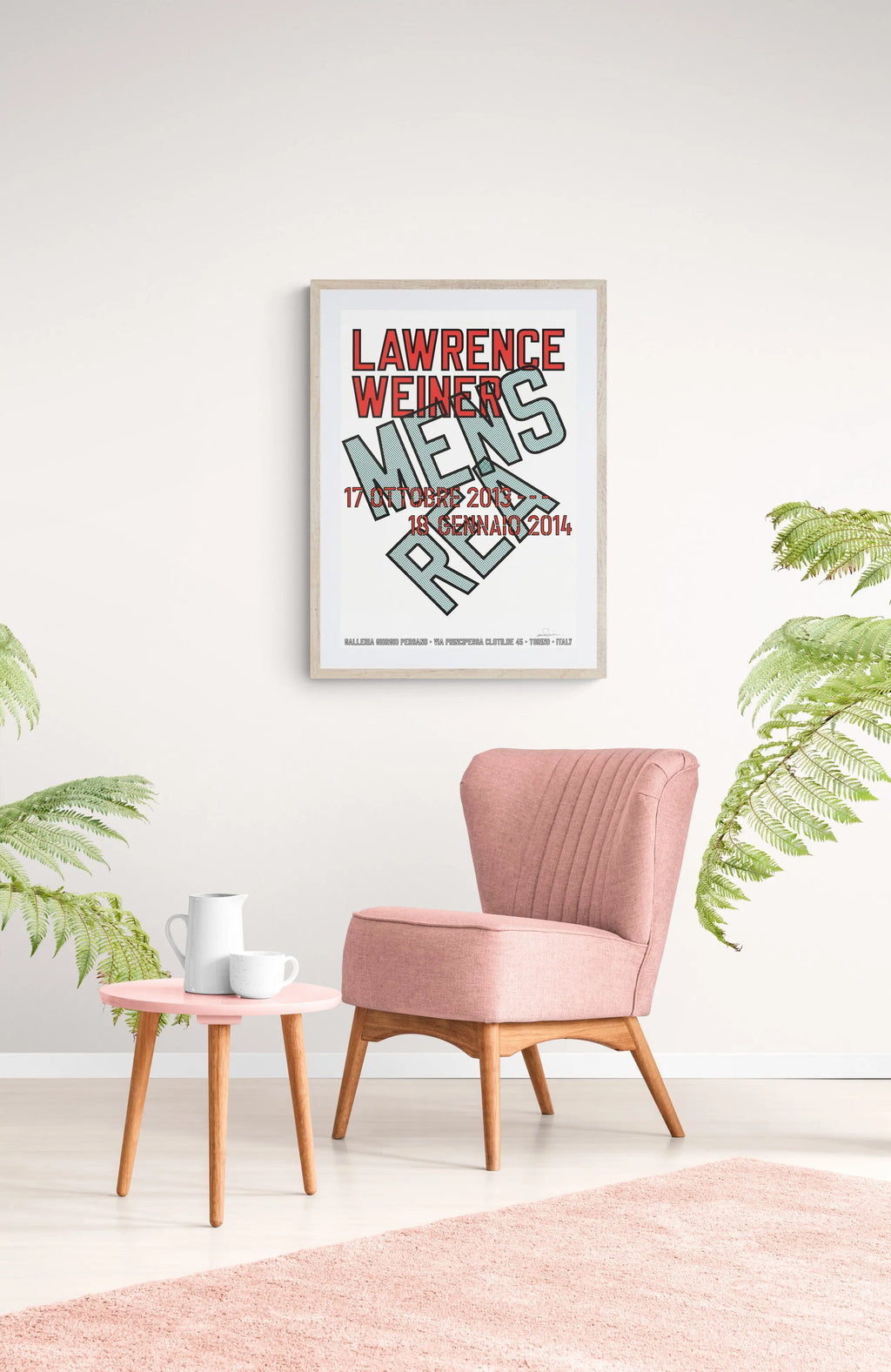 Signed 2013 Lawrence Weiner Mens Rea exhibition offset lithograph poster, featuring modern abstract artwork and bold typography.