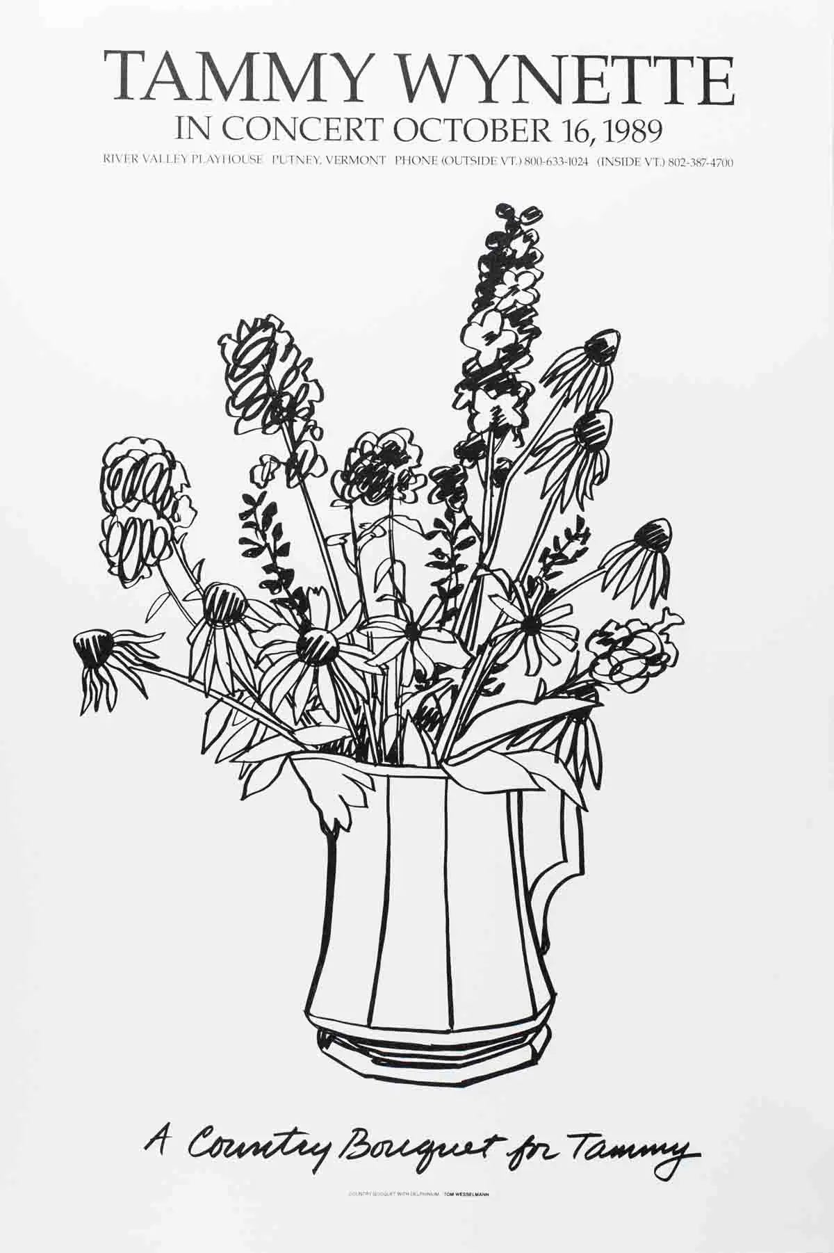 Tom Wesselmann's 1989 serigraph art poster titled "Country Bouquet with Delphinium," featuring vibrant floral imagery.