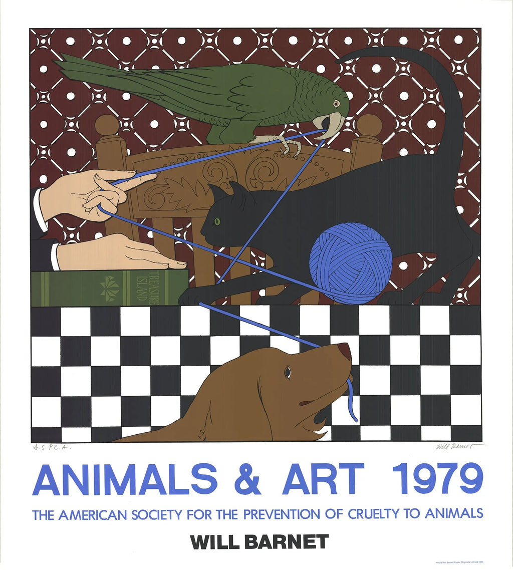 Will Barnet signed serigraph art print titled "Polly Minou and Eon" from 1979, featuring colorful abstract figures and detailed craftsmanship.
