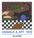 Will Barnet signed serigraph art print titled "Polly Minou and Eon" from 1979, featuring colorful abstract figures and detailed craftsmanship.