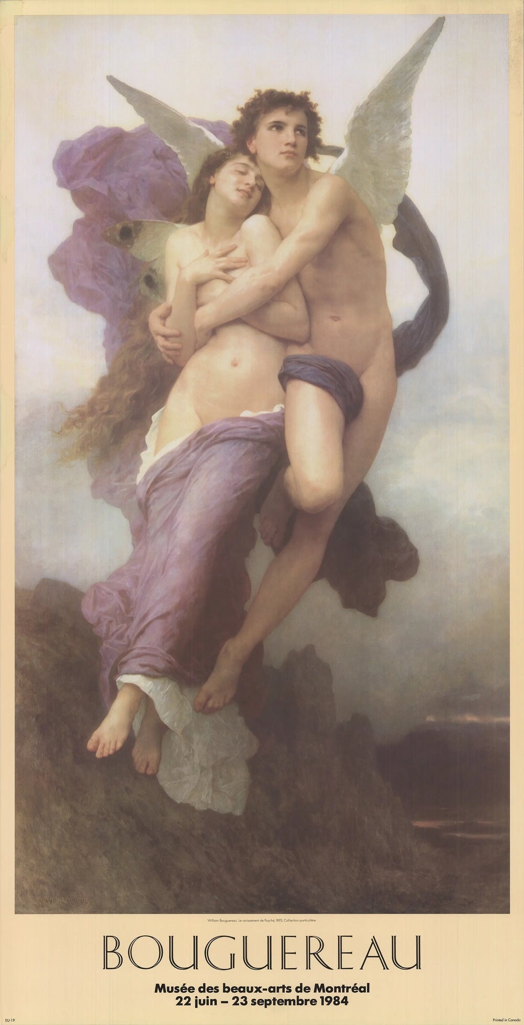 Classical art poster of William-Adolphe Bouguereau's The Seduction of Psyche showing mythological scene with detailed figures and soft colors.