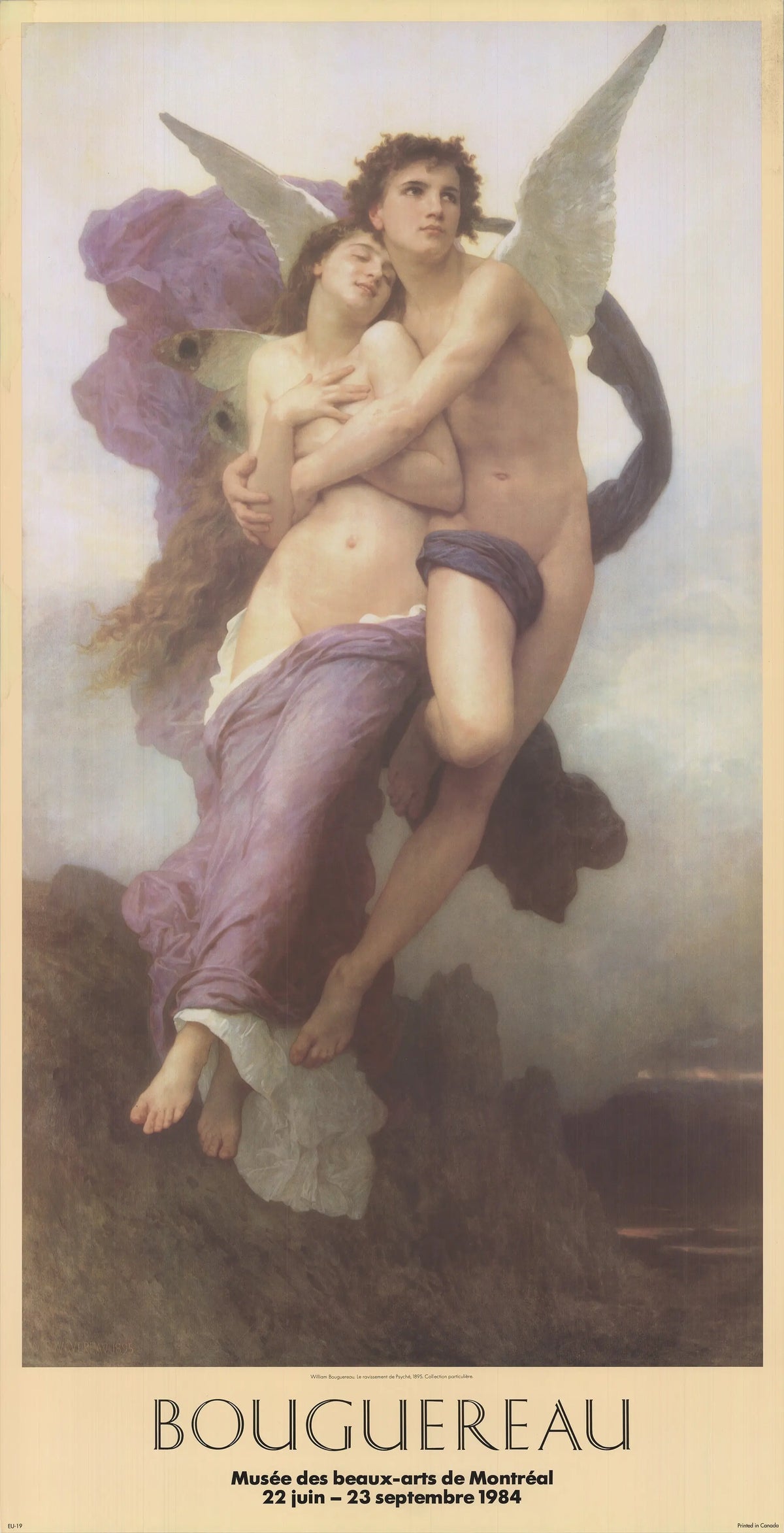 Classical art poster of William-Adolphe Bouguereau's The Seduction of Psyche showing mythological scene with detailed figures and soft colors.