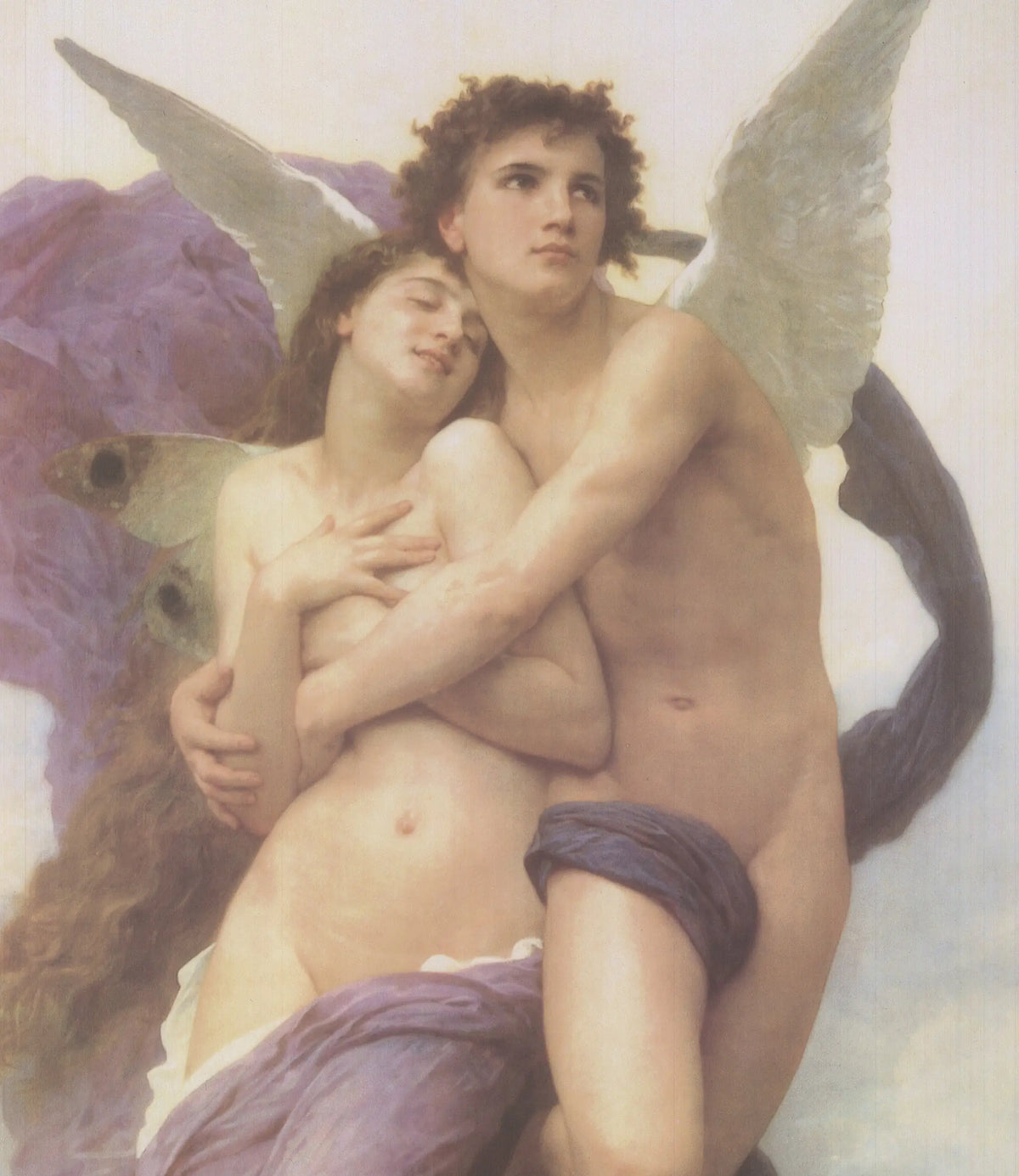 Classical art poster of William-Adolphe Bouguereau's The Seduction of Psyche showing mythological scene with detailed figures and vibrant colors.